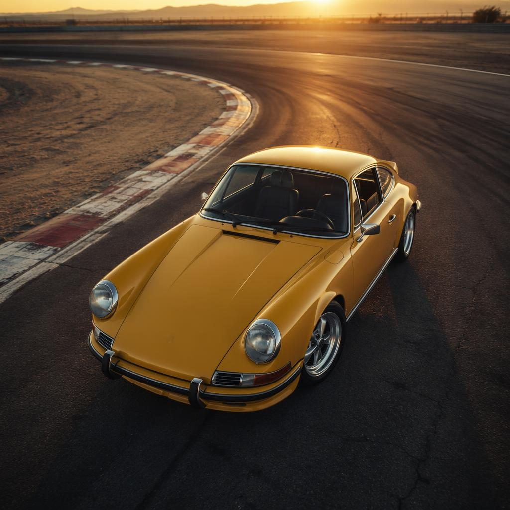 Aerial view of a mustard yellow 1960s-style sports coupe on a race track at dawn with dramatic lighting.