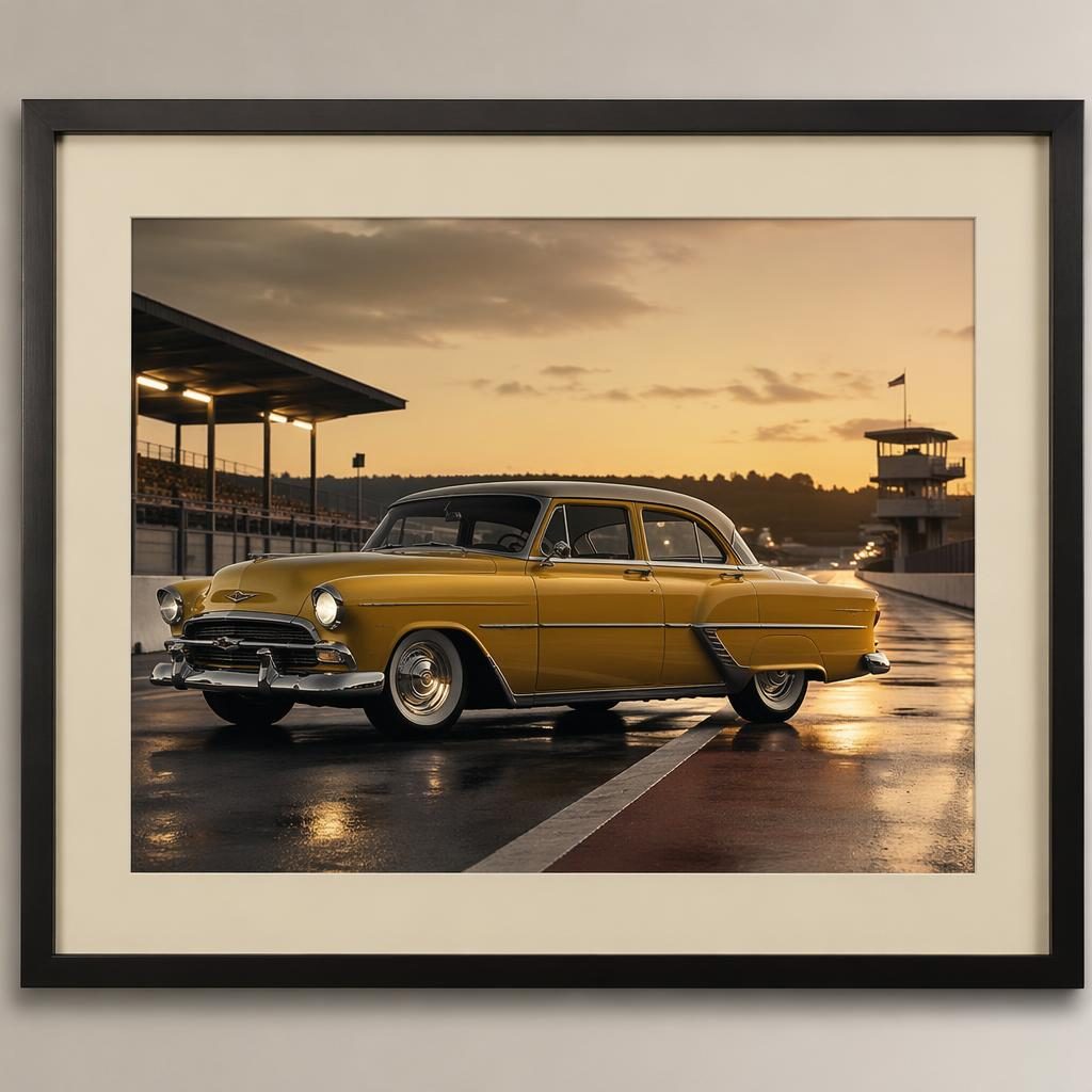 Mustard yellow 1950s American sedan in side profile on a race track at dawn with cinematic lighting