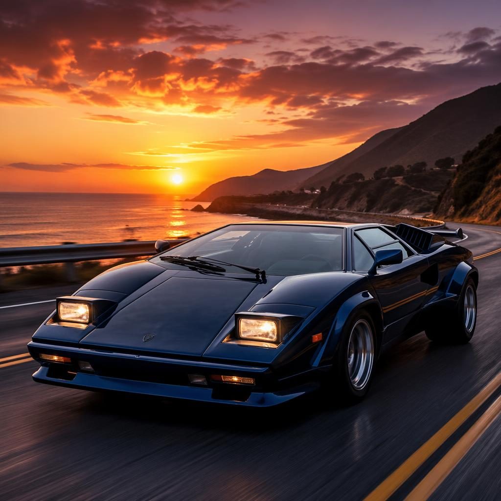 Supercar années 80 bleu nuit vue trois quarts avant sur route côtière au coucher de soleil, style photo réaliste.