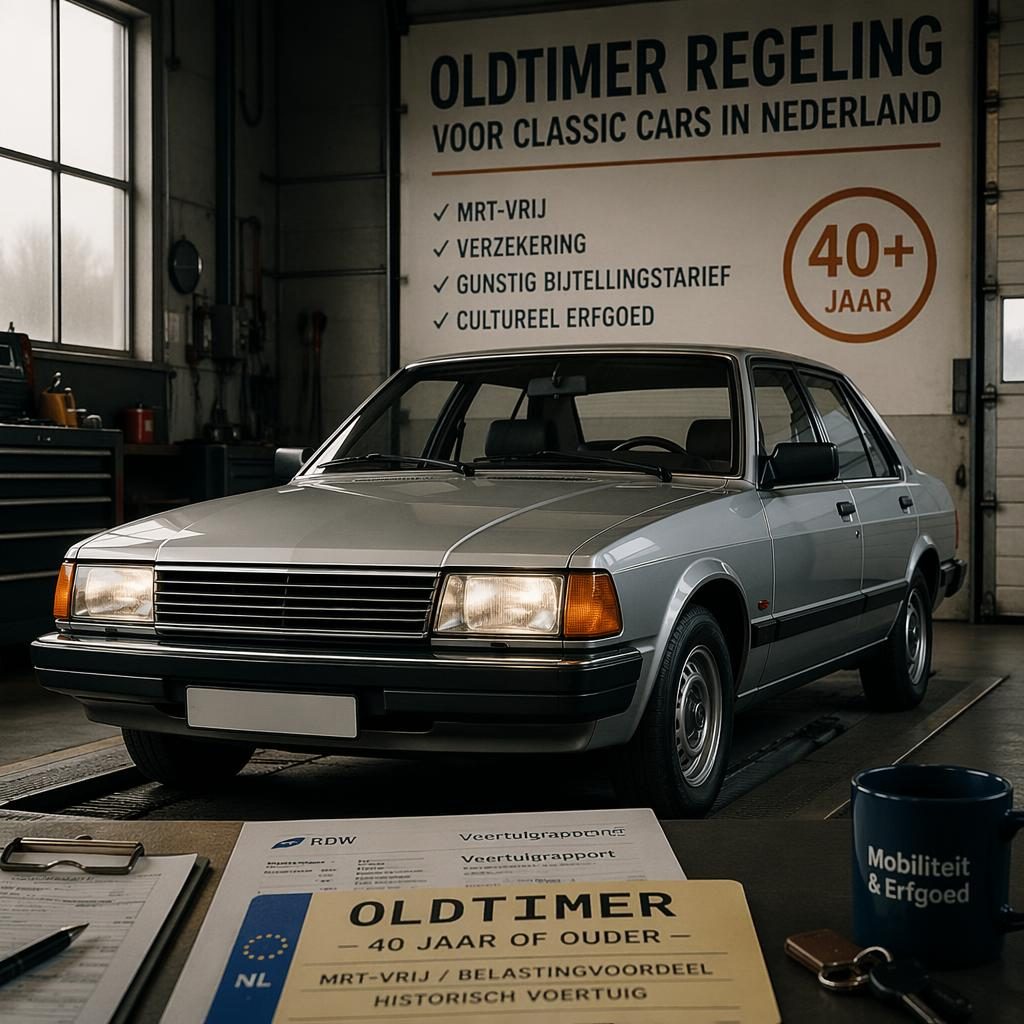 Zilveren jaren 80 sedan in driekwart vooraanzicht in garagewerkplaats met papieren en keuringsdetails.