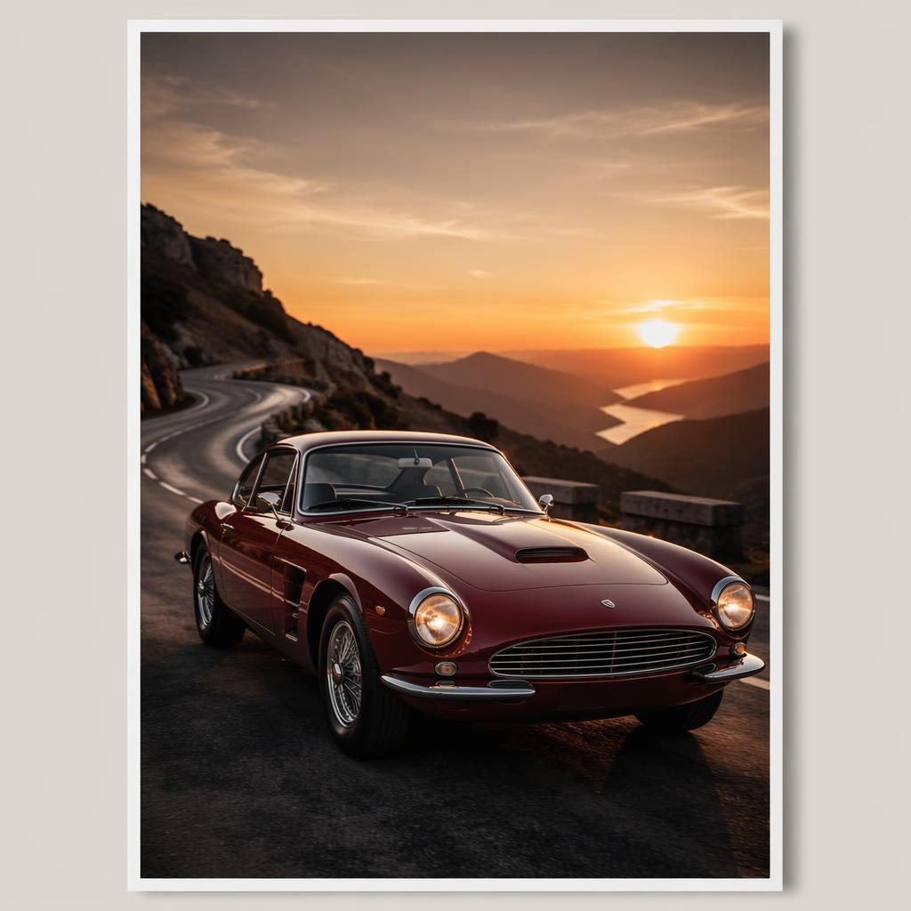 Tiefrotes Sportcoupé der 1960er aus Dreiviertel-Frontansicht auf einer Bergstraße bei Sonnenuntergang