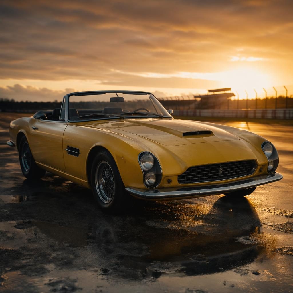 Mustard yellow 1960s-style land yacht convertible on a race track at dawn, three-quarter front view, cinematic lighting.