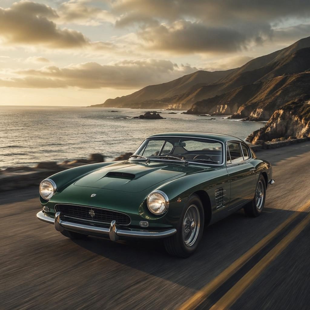 Racing green sportcoupé uit de jaren 60 in driekwart vooraanzicht op een kustweg, met chroom en filmisch licht.