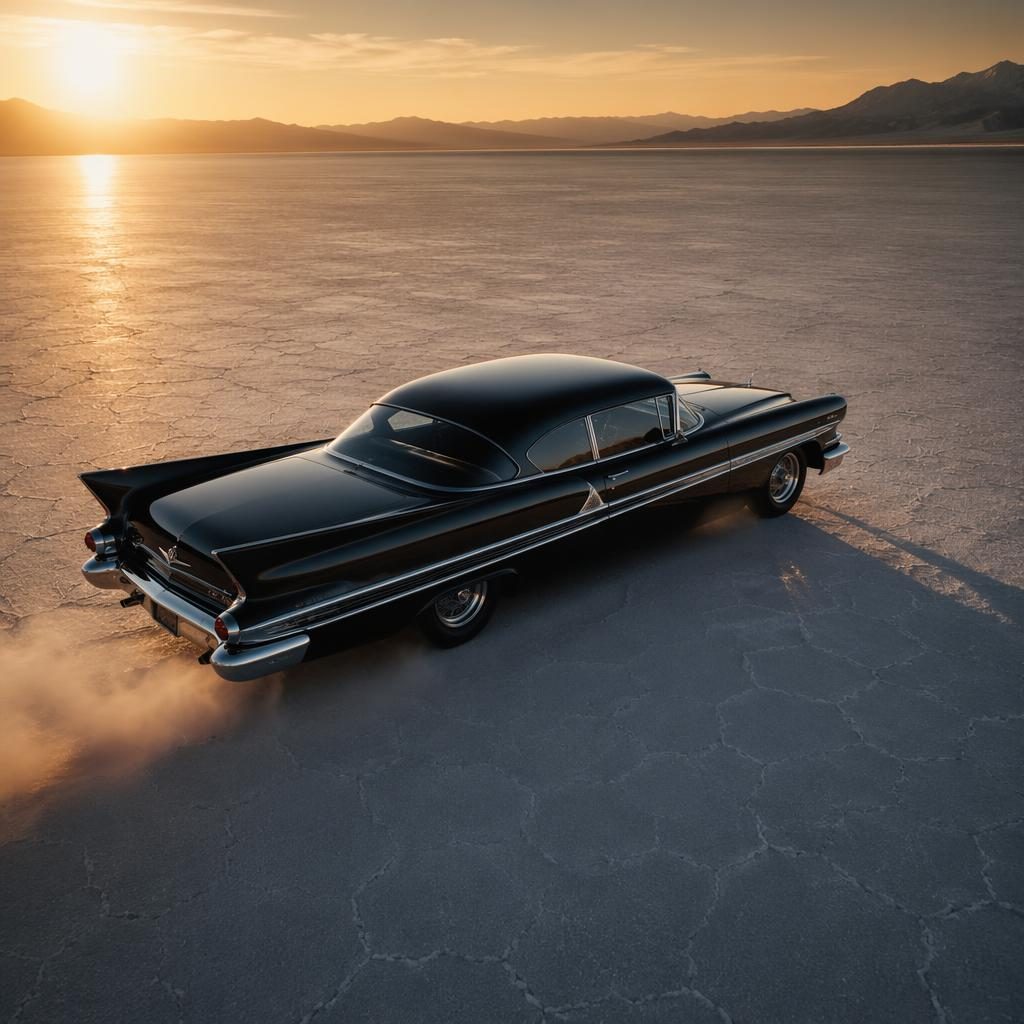 Aerial view of a black retro-futurist tail fin sedan on desert salt flats with dramatic lighting and glossy reflections.