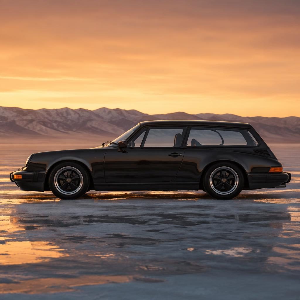 Black retro-futurist shooting brake supercar in side profile on desert salt flats with cinematic lighting