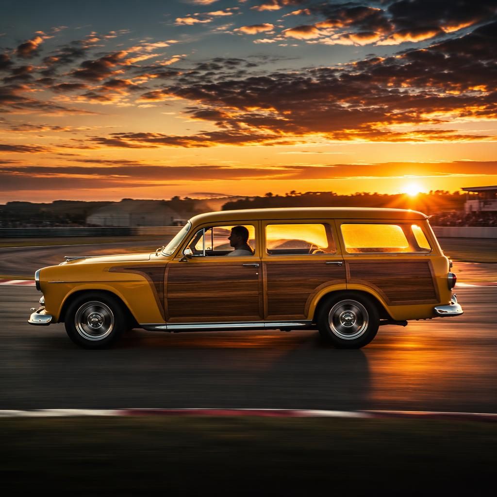 Side-profile 1960s wood-paneled wagon in mustard yellow on a race track at dawn with cinematic light.