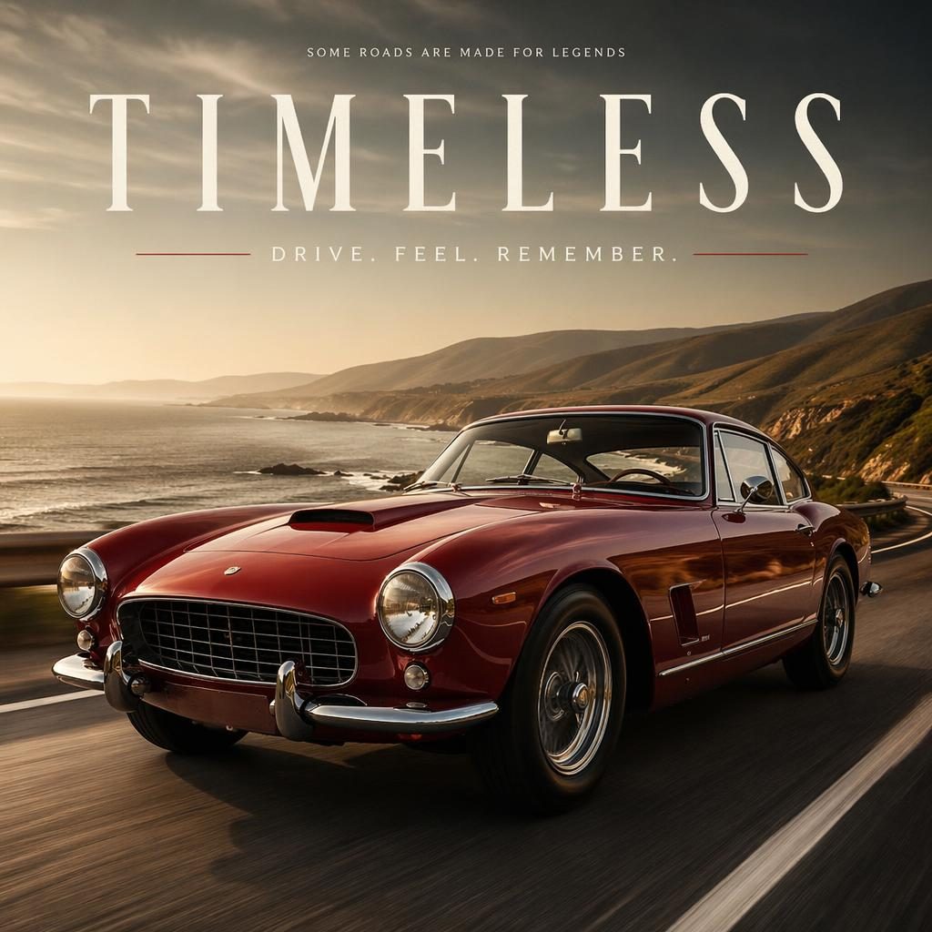 Deep red 1960s sports coupe in three-quarter front view on a coastal highway, styled as a cinematic classic car poster