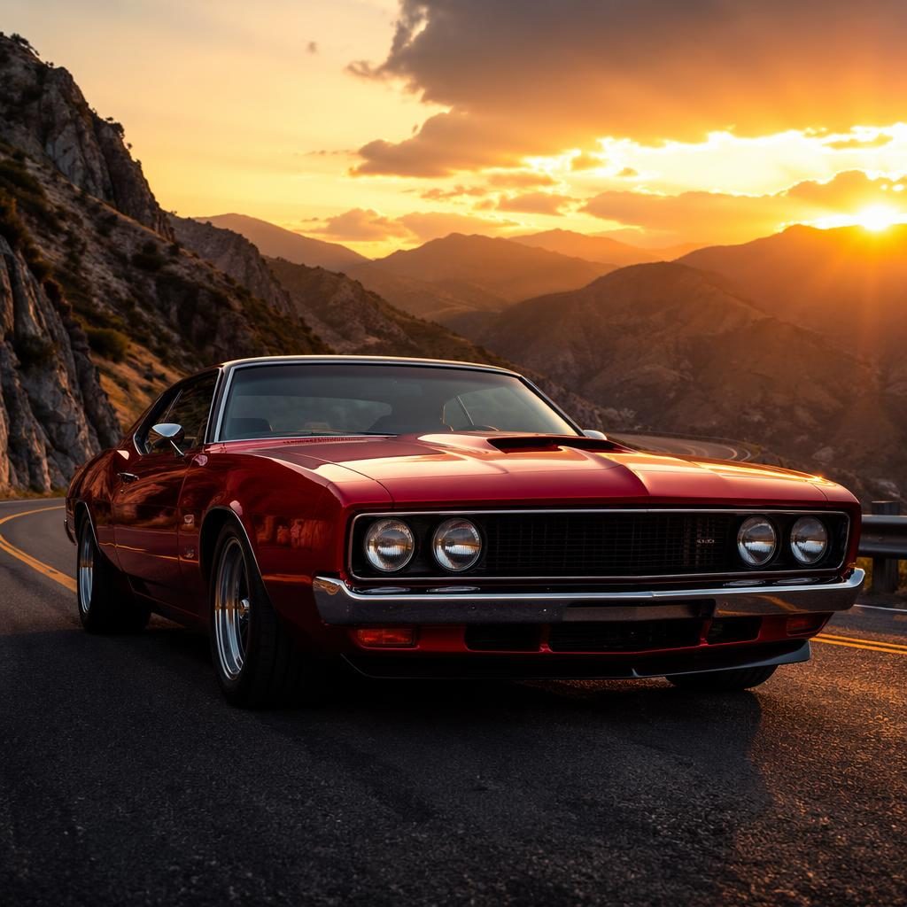 Deep red 1970s-style muscle car coupe on a mountain road at sunset, low front view with cinematic reflections