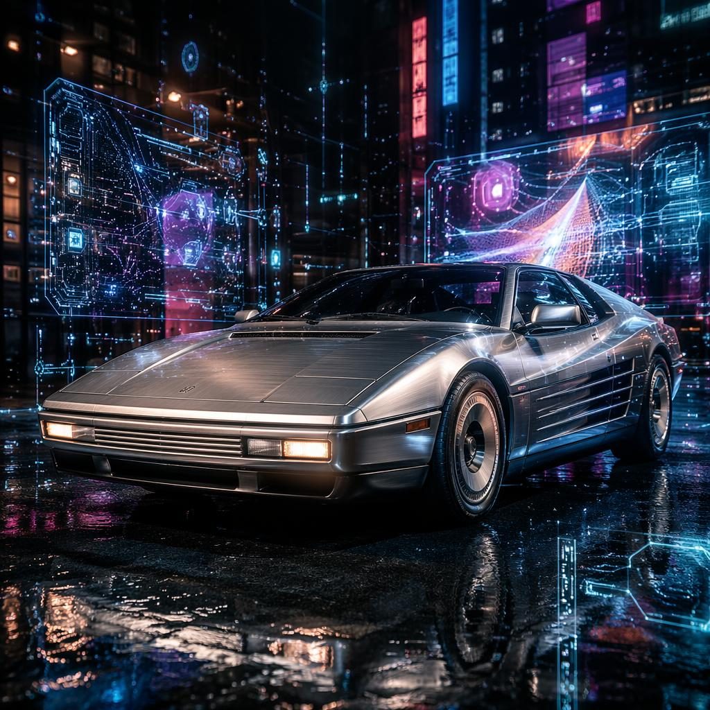 Supercar rétro futuriste argentée vue de trois quarts avant sur rue urbaine au néon, avec projections holographiques.