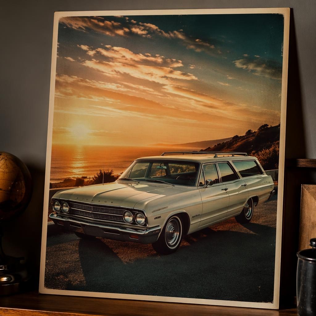 Break des années 70 blanc nacré vu du dessus dans un garage, lumière cinématographique et reflets détaillés