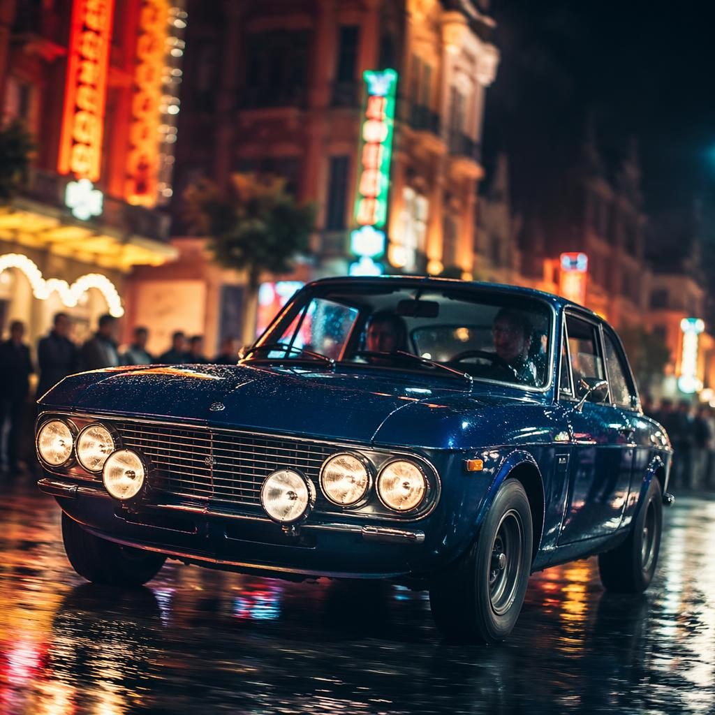 Midnight blue 1990s-style off-roader in three-quarter front view on a neon-lit urban street with cinematic rally action.