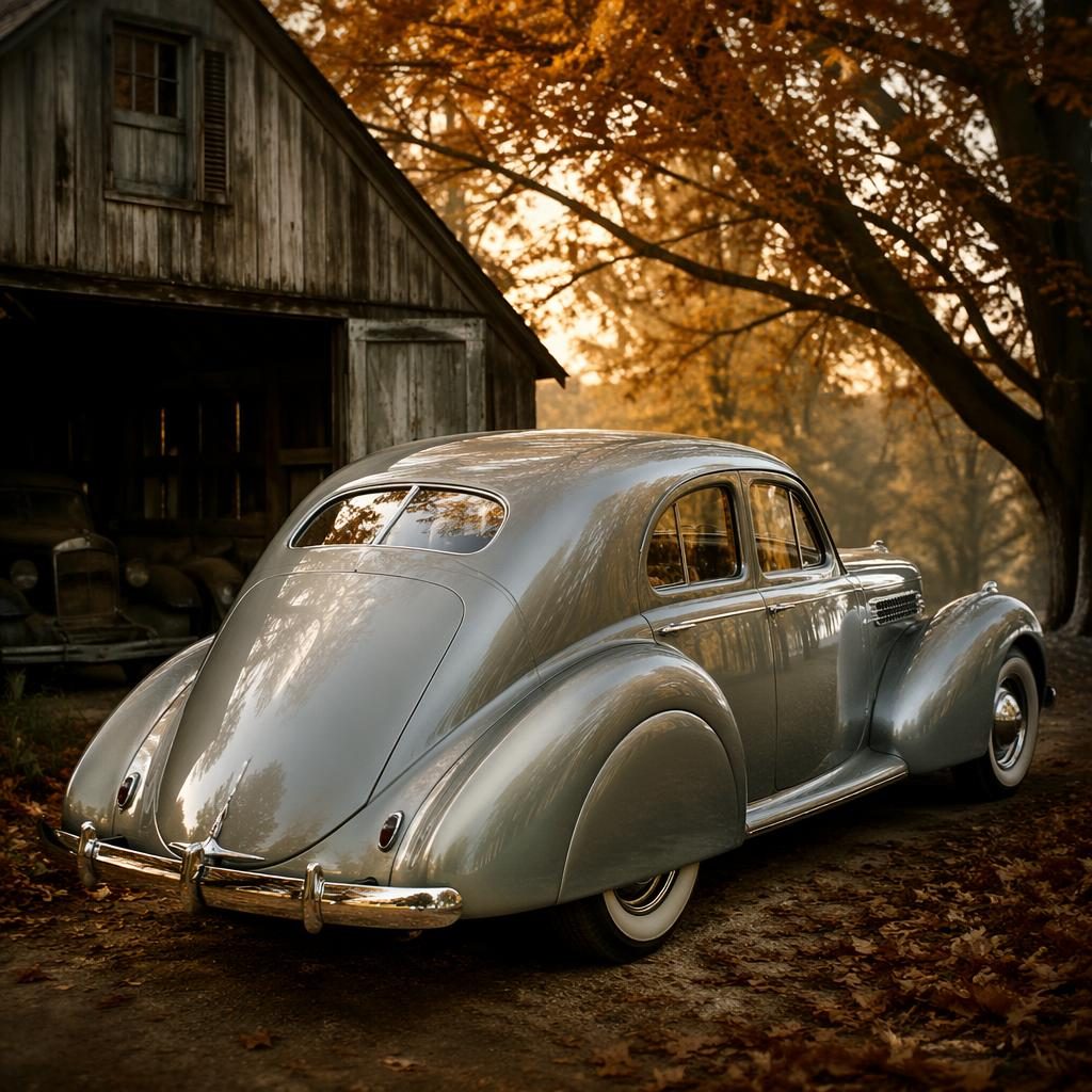 Silver 2000s-inspired art deco luxury saloon, rear three-quarter view, in an autumn forest with cinematic light