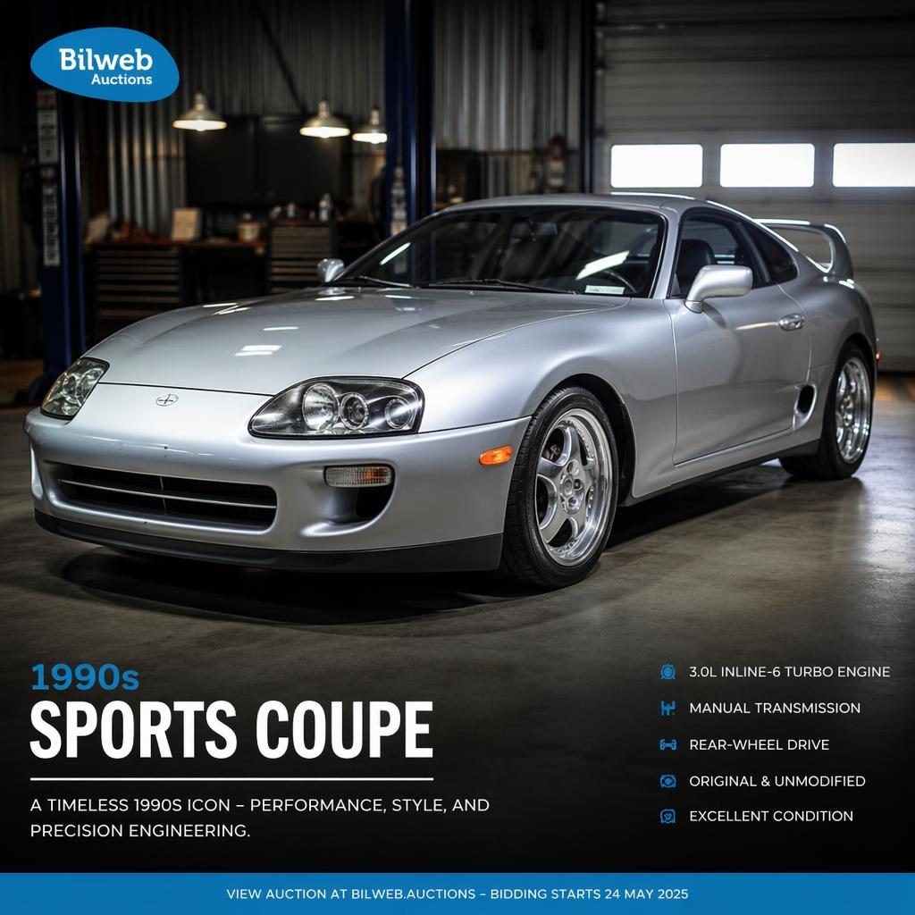 Silverfärgad 90-talssportcoupé i trekvarts frontvy i garageverkstad med dramatisk belysning och realistiska reflexer.