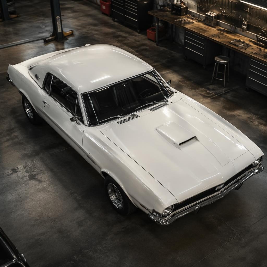 Perlmuttweißes Muscle-Car Coupé im Stil der 1950er, aus der Vogelperspektive in Werkstatt-Showroom mit Kino-Licht