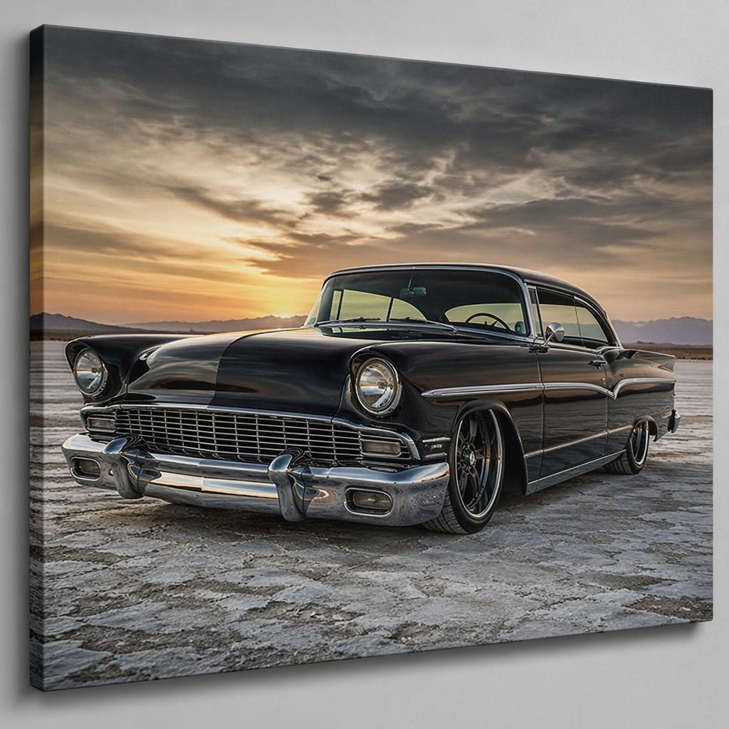 Low-angle view of a black 1950s American sedan on desert salt flats with cinematic lighting and glossy reflections.