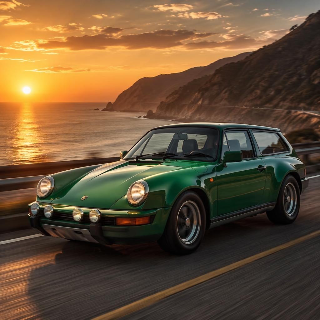 1980s-inspired racing green shooting brake rally car on a coastal highway at sunset, front three-quarter view