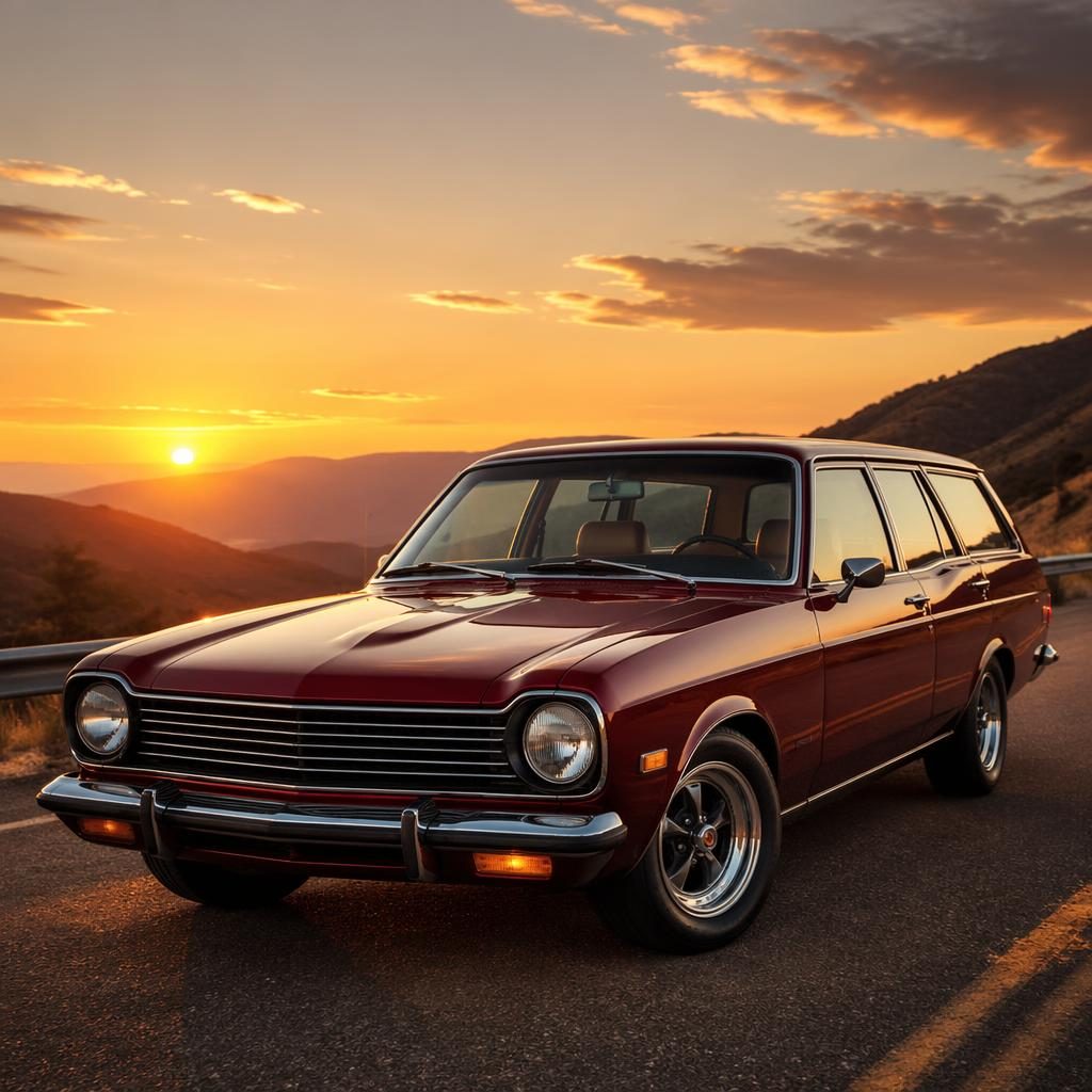 Deep red 1970s station wagon on a mountain road at sunset, shown from the front three-quarter angle with cinematic light.