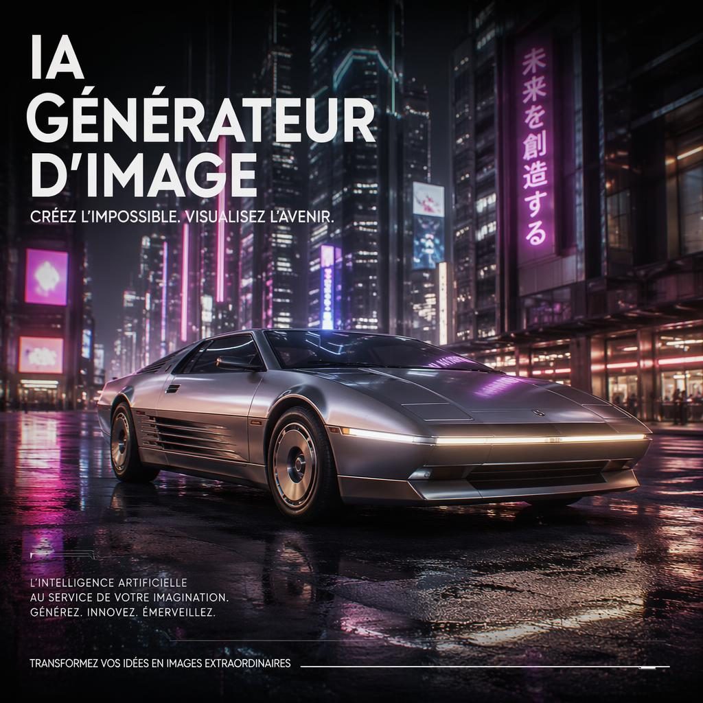 Supercar rétro futuriste argentée vue de trois quarts avant sur une rue urbaine au néon, style poster photo réaliste.