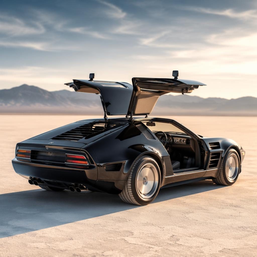 Ultra-realistic rear three-quarter view of a black retro-futurist gullwing roadster on desert salt flats.