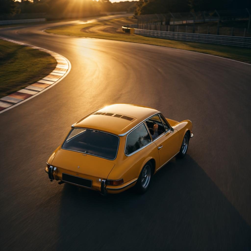 Aerial view of a mustard yellow 1960s shooting brake estate on a race track at dawn with cinematic lighting.
