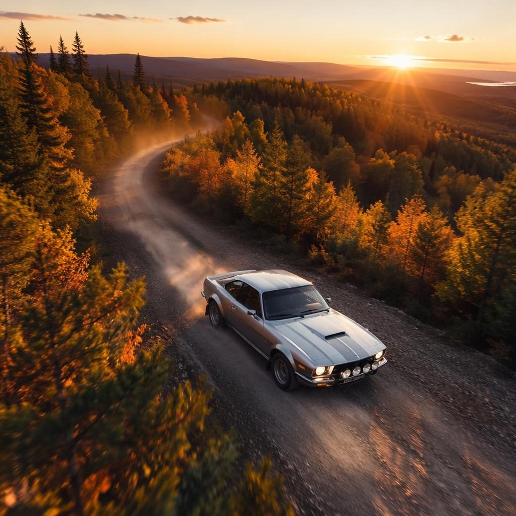 Aerial view of a silver 2000s-style rally fastback coupe driving through an autumn forest at sunset.