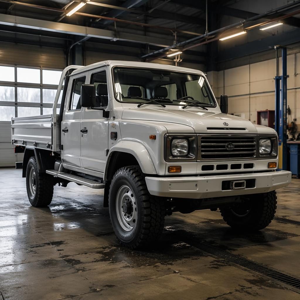 Perłowobiały ciężarowy truck 4x4 z początku lat 2000, ujęcie z przodu pod kątem, w oświetlonym warsztacie.