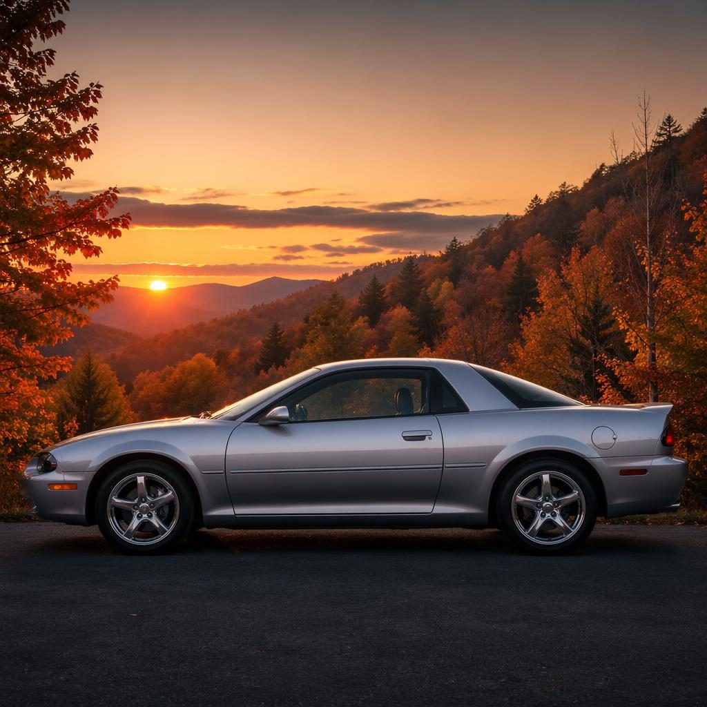 Coupé muscle plateado de perfil en bosque otoñal al atardecer, estilo años 2000, sin logos, con luz cinematográfica.