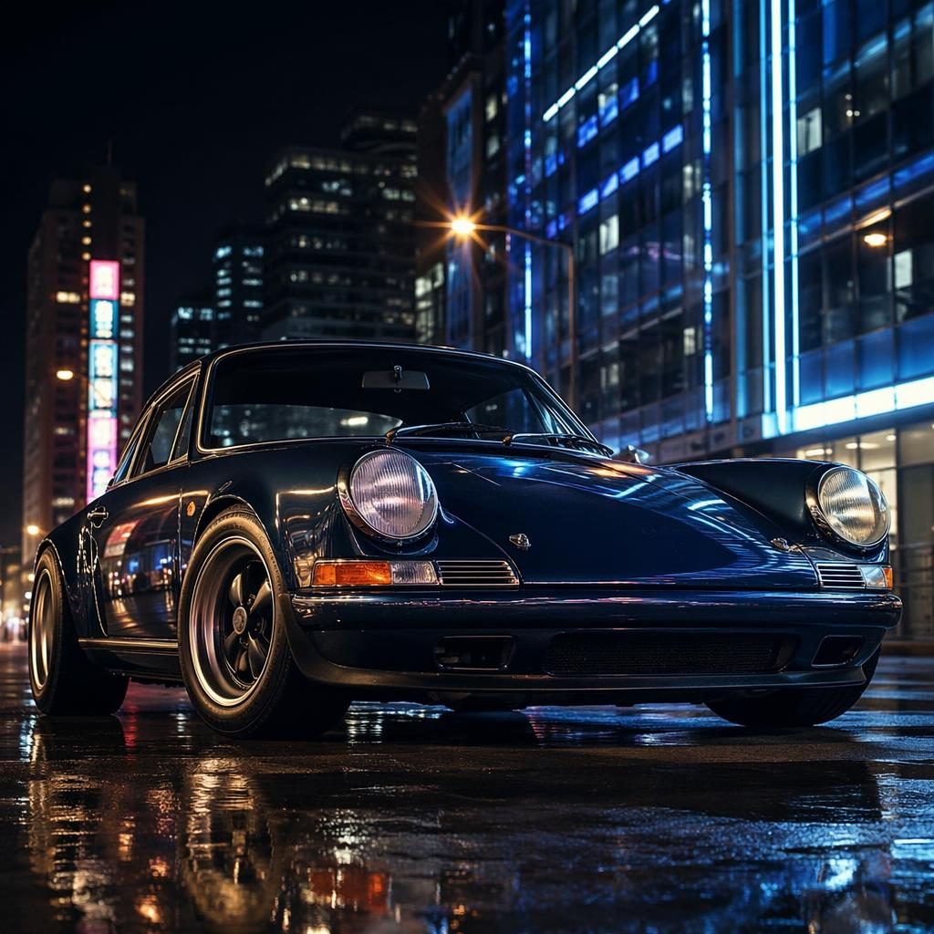 Low-angle render of a midnight blue 1960s European grand tourer on a neon-lit urban street with cinematic reflections
