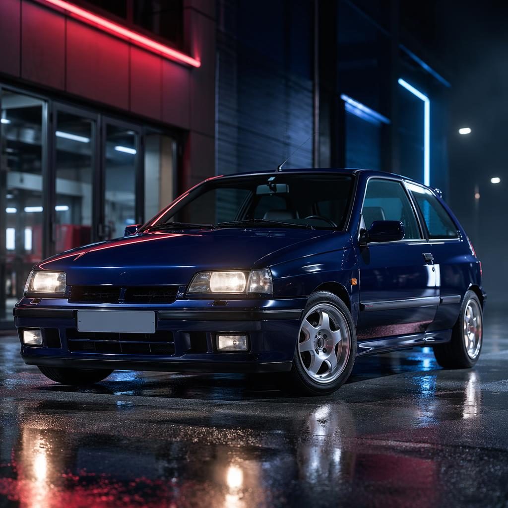 Midnight blue 1960s European grand tourer in three-quarter front view on a neon-lit urban street, cinematic render