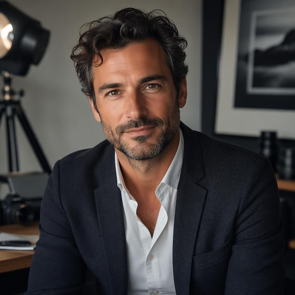 Portrait rapproché d’un consultant en studio-bureau, tenue neutre, lumière douce et matériel photo discret en fond