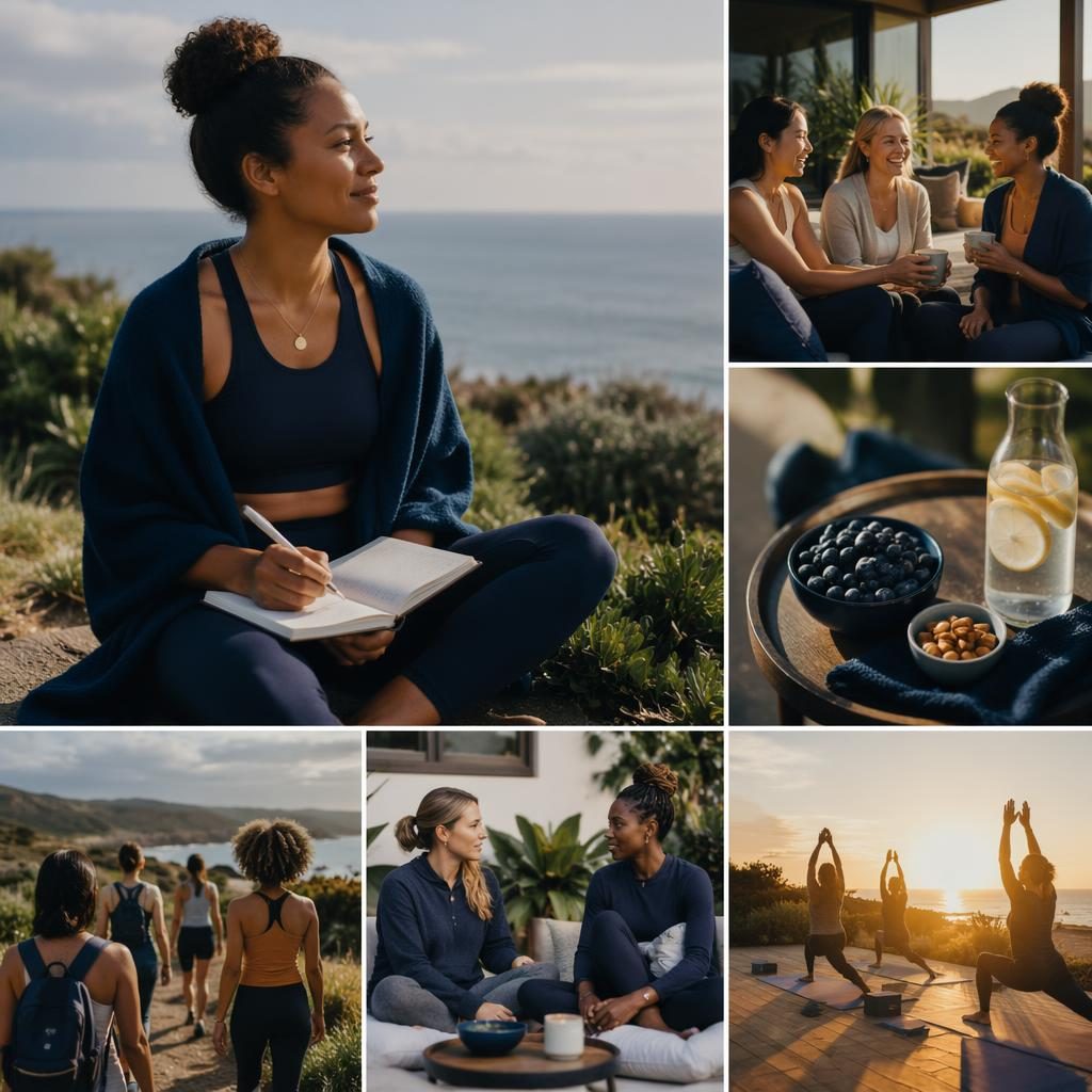 Diverse group at an outdoor wellness retreat in navy and gold styling, warm editorial portraits for a health coach brand