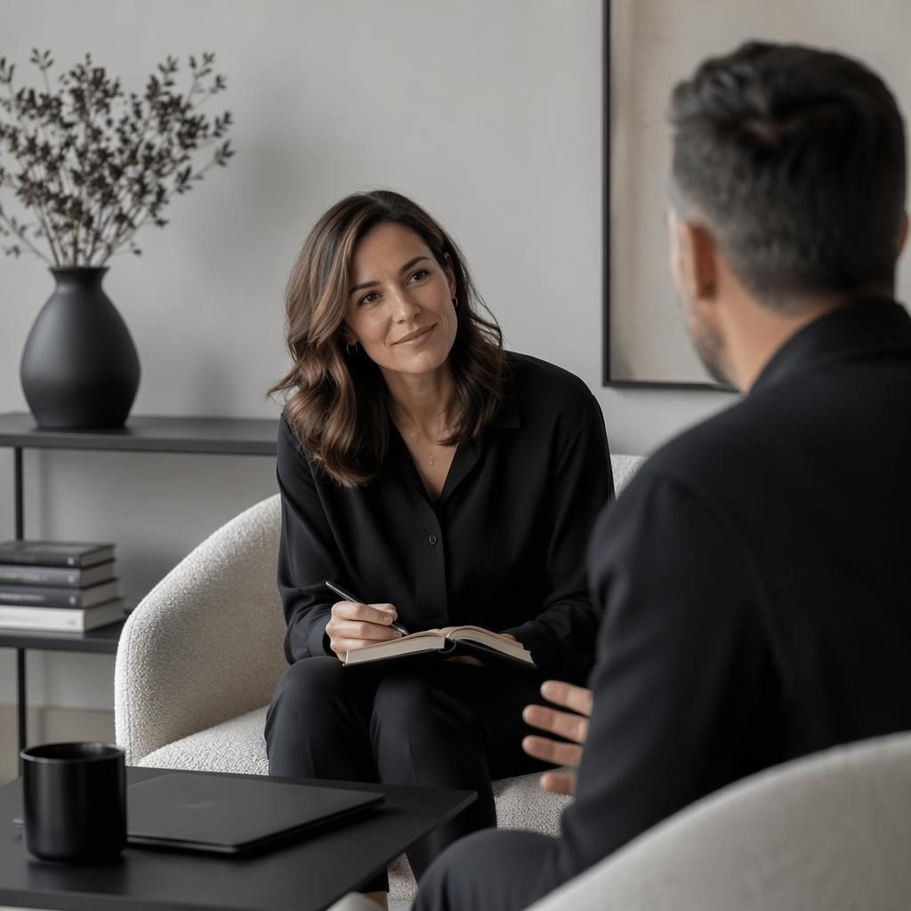 Consultor de negocios en conversación 1 a 1 con cliente, paleta monocroma, estilo editorial cálido y auténtico.