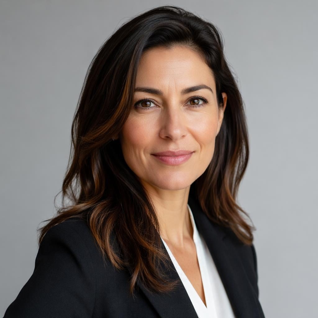 Portrait rapproché d’un coach exécutif en tenue professionnelle, regard confiant, fond neutre et lumière naturelle studio.