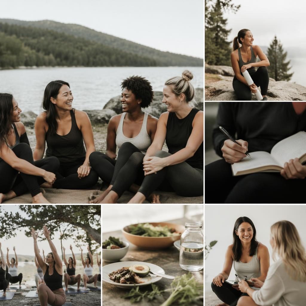 Diverse generic models at an outdoor wellness retreat in minimal monochrome styling, warm editorial brand portrait