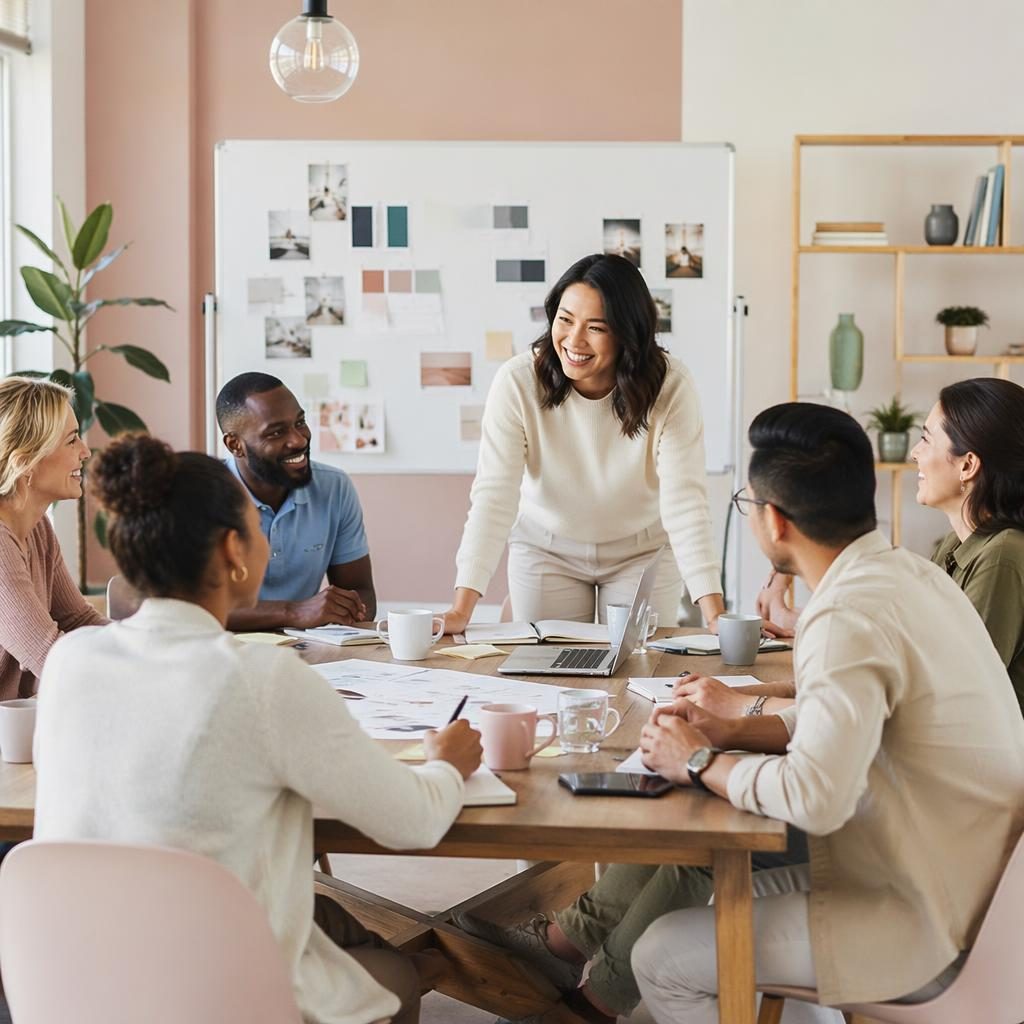 Marketing consultant facilitating a diverse group workshop in a soft pastel editorial office setting with warm, authentic mood