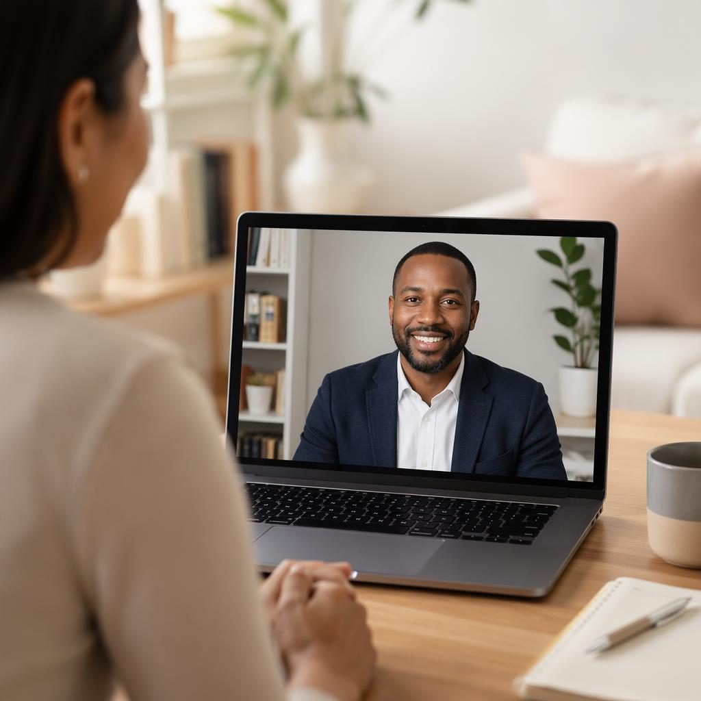 Financial advisor on a laptop video coaching call in a soft pastel office, warm editorial portrait with diverse team presence