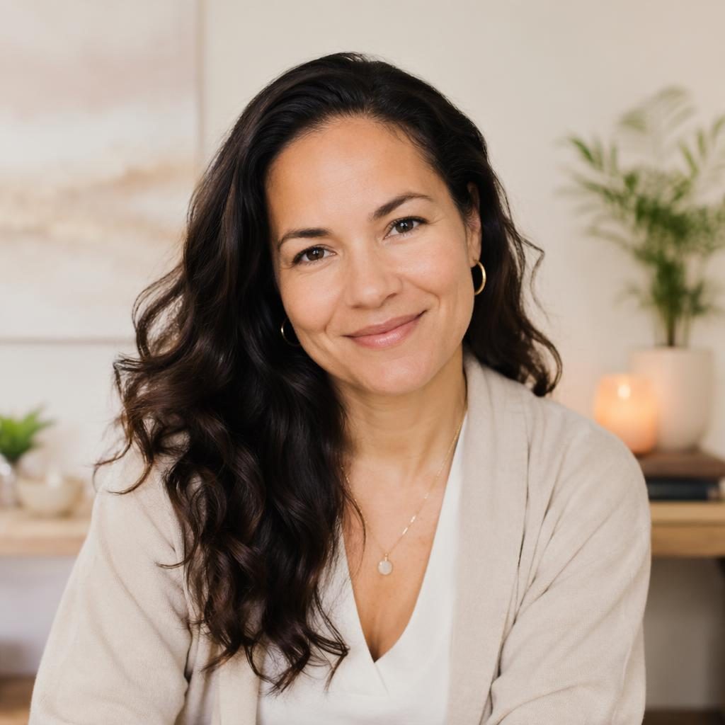 Close-up portrait of a spiritual mindfulness coach in soft pastel tones with a warm, authentic editorial look.
