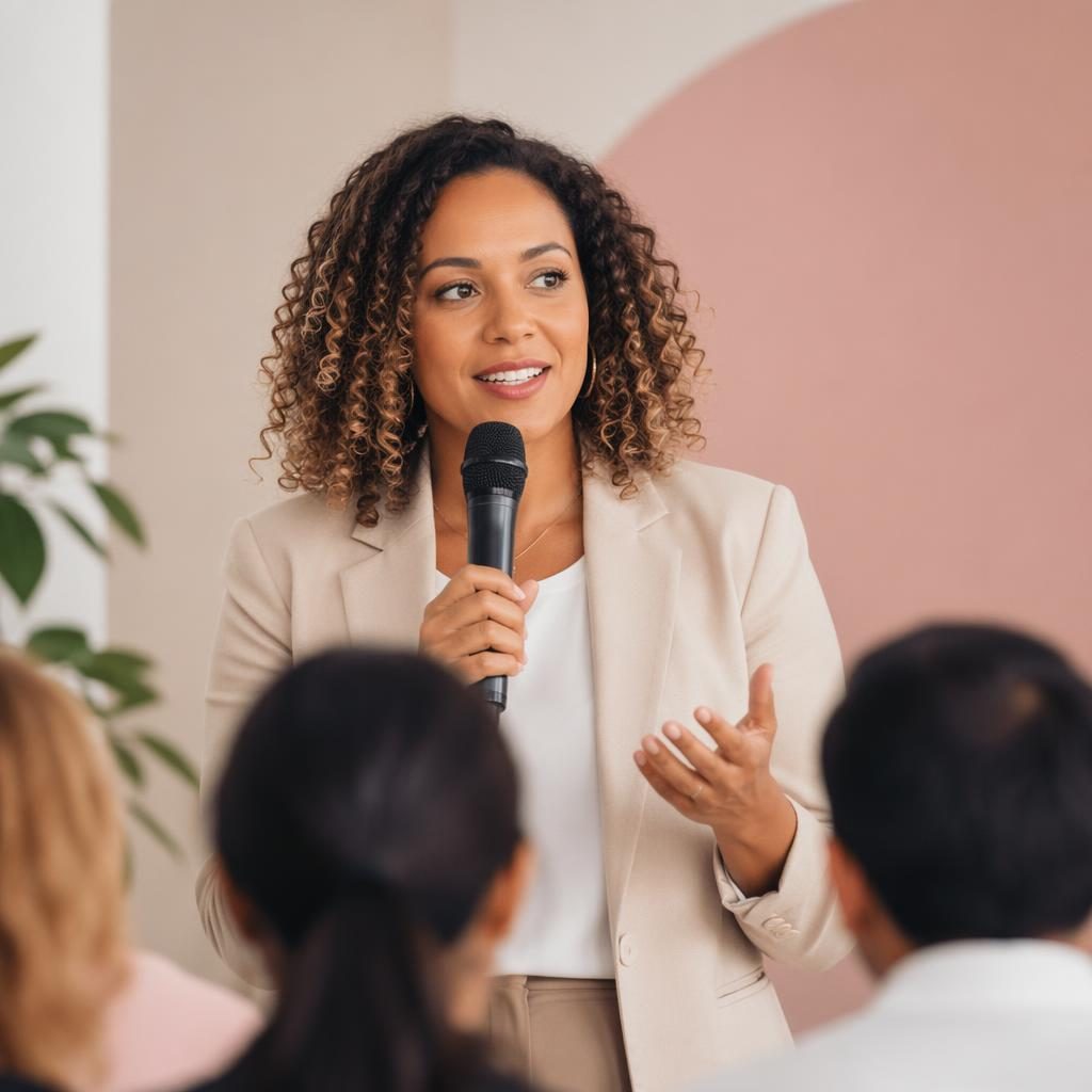 Career coach speaking on stage in a soft pastel setting, warm editorial lighting, diverse audience, authentic brand style.