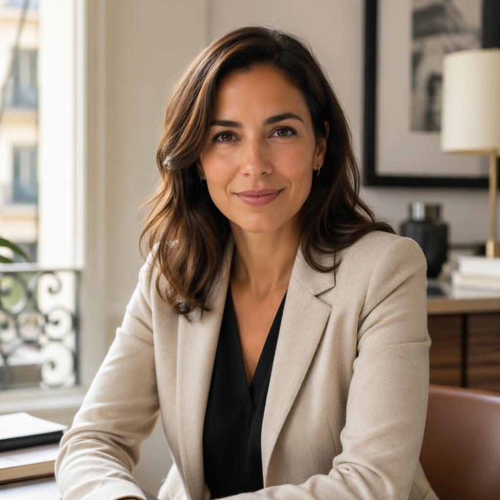 Portrait rapproché d’un consultant en tenue moderne dans un bureau épuré, regard direct, lumière naturelle douce.