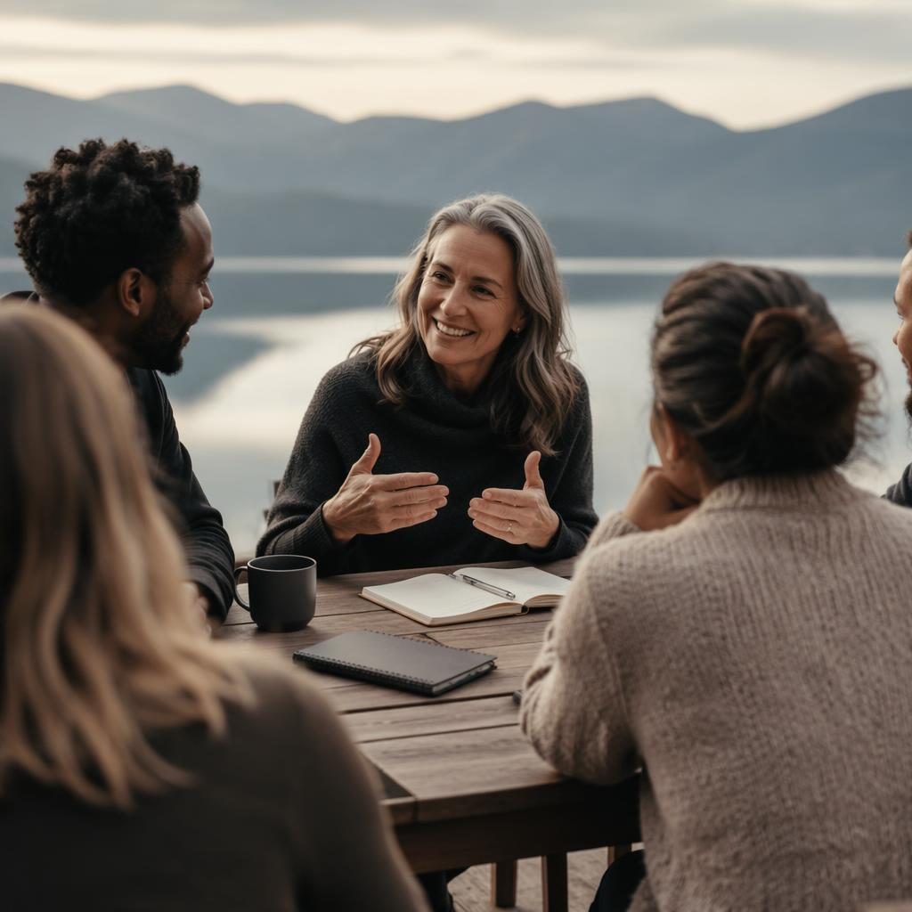 Diverse group outdoors at a financial advisor retreat in minimal monochrome styling, warm editorial mentor photos
