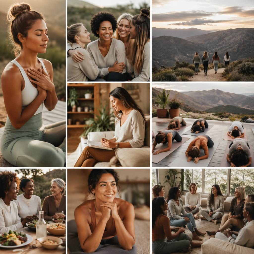 Diverse fitness coaching group outdoors at a warm earth-tone retreat, editorial brand photo with authentic cream styling.