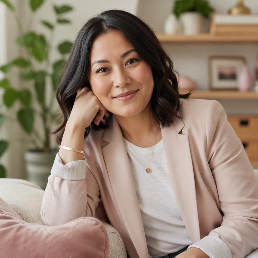 Close-up portrait of a career coach in soft pastel tones with warm editorial lighting and an authentic inclusive feel.
