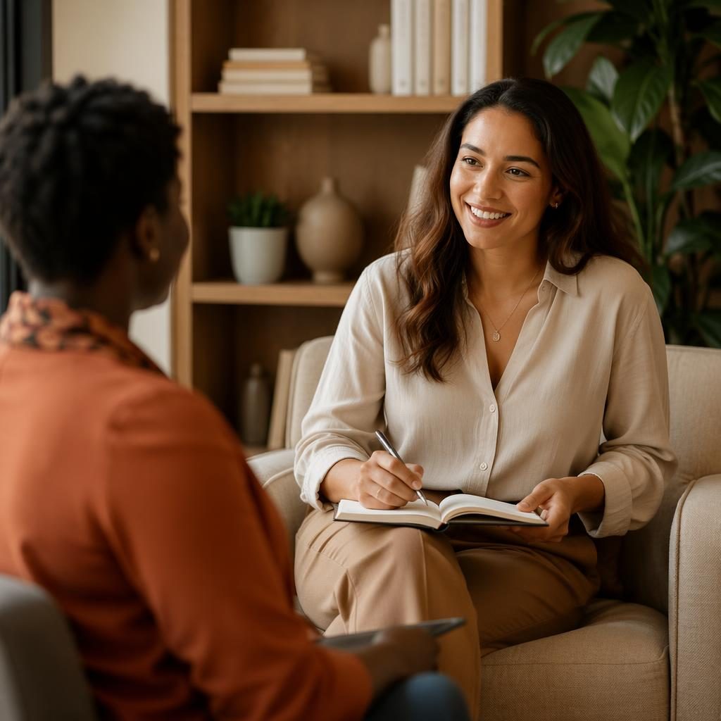 Business consultant in a warm one-on-one coaching conversation, editorial office portrait in earth and cream tones