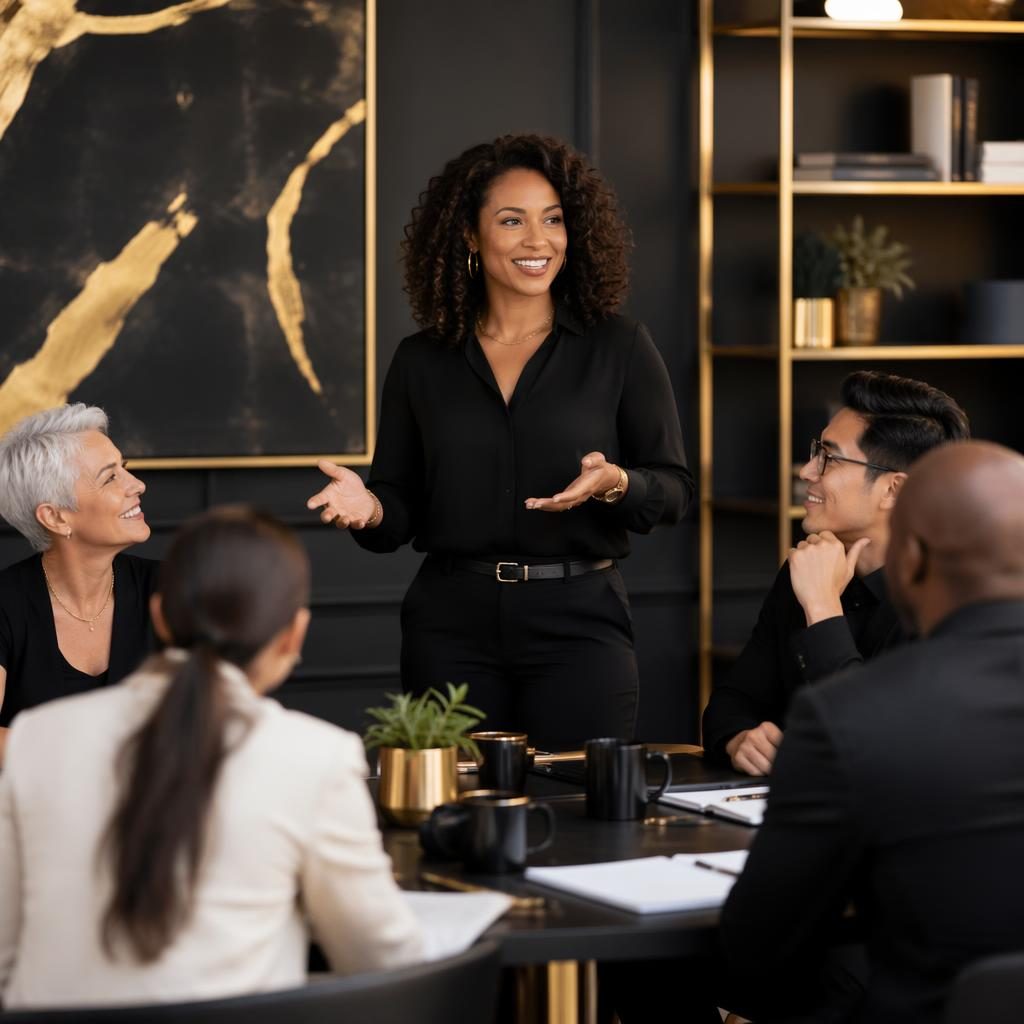 Career coach leading a diverse workshop group in a warm editorial setting with black and gold styling