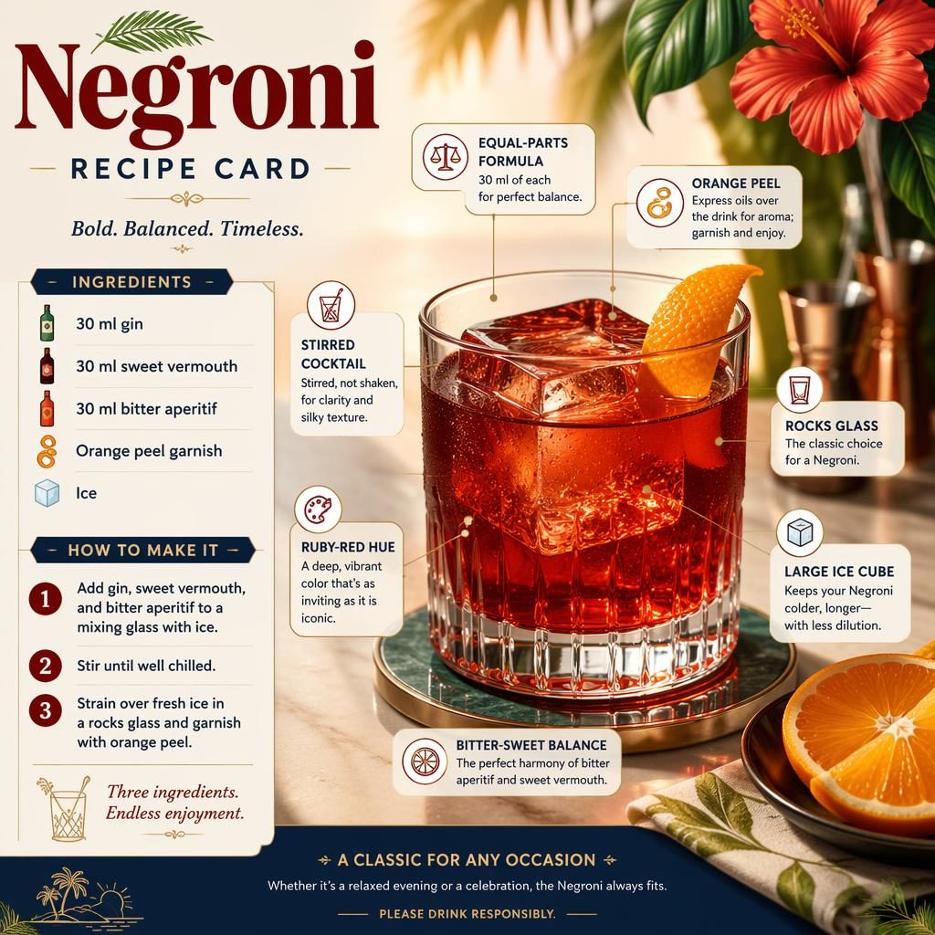 Negroni recipe card infographic with ruby-red cocktail in rocks glass, large ice cube, orange peel, ingredients and 3 steps.