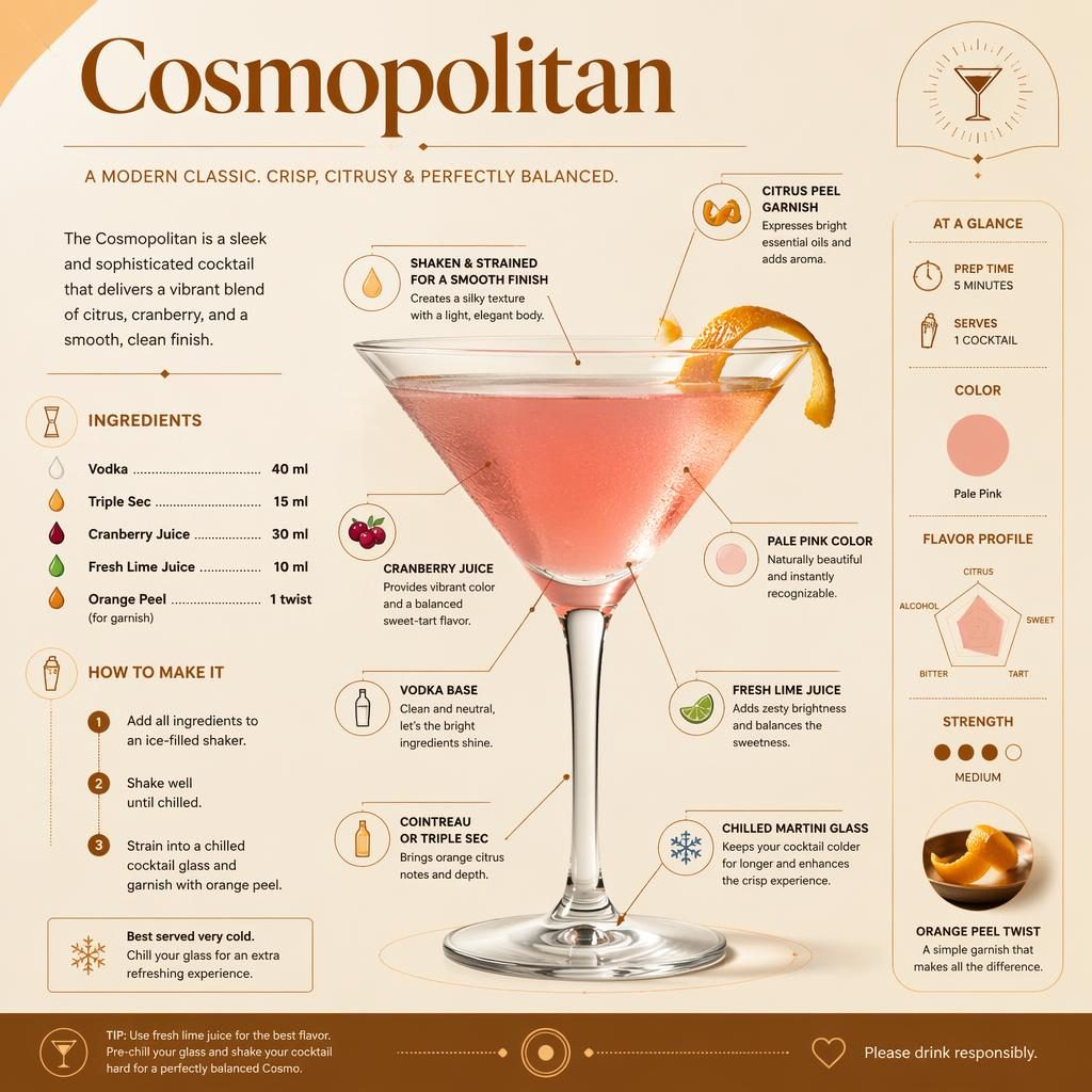 Minimal modern Cosmopolitan recipe card with pink cocktail in martini glass, ingredient callouts, 3-step method, amber cream palette.