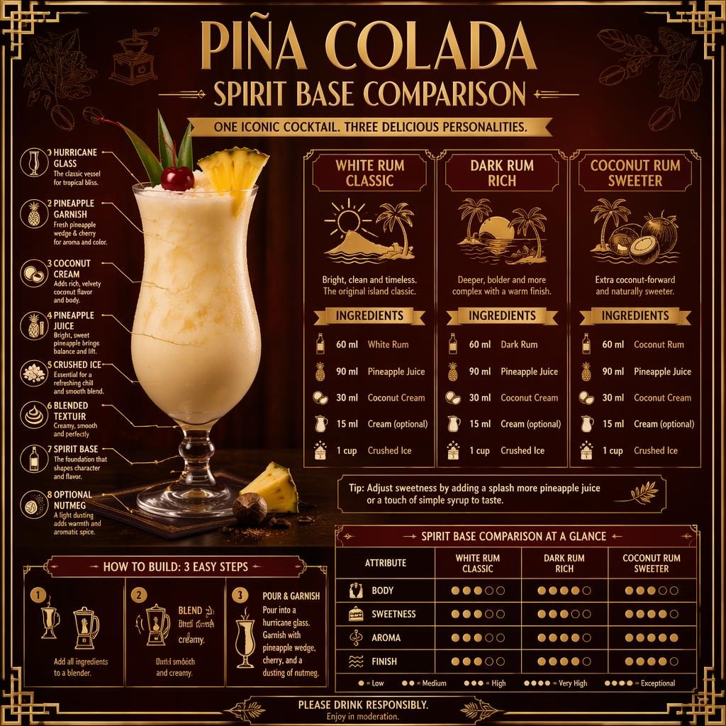 Art-deco Piña Colada comparison board with hero cocktail, 3 spirit variations, ingredient callouts, mini-chart, and build steps.