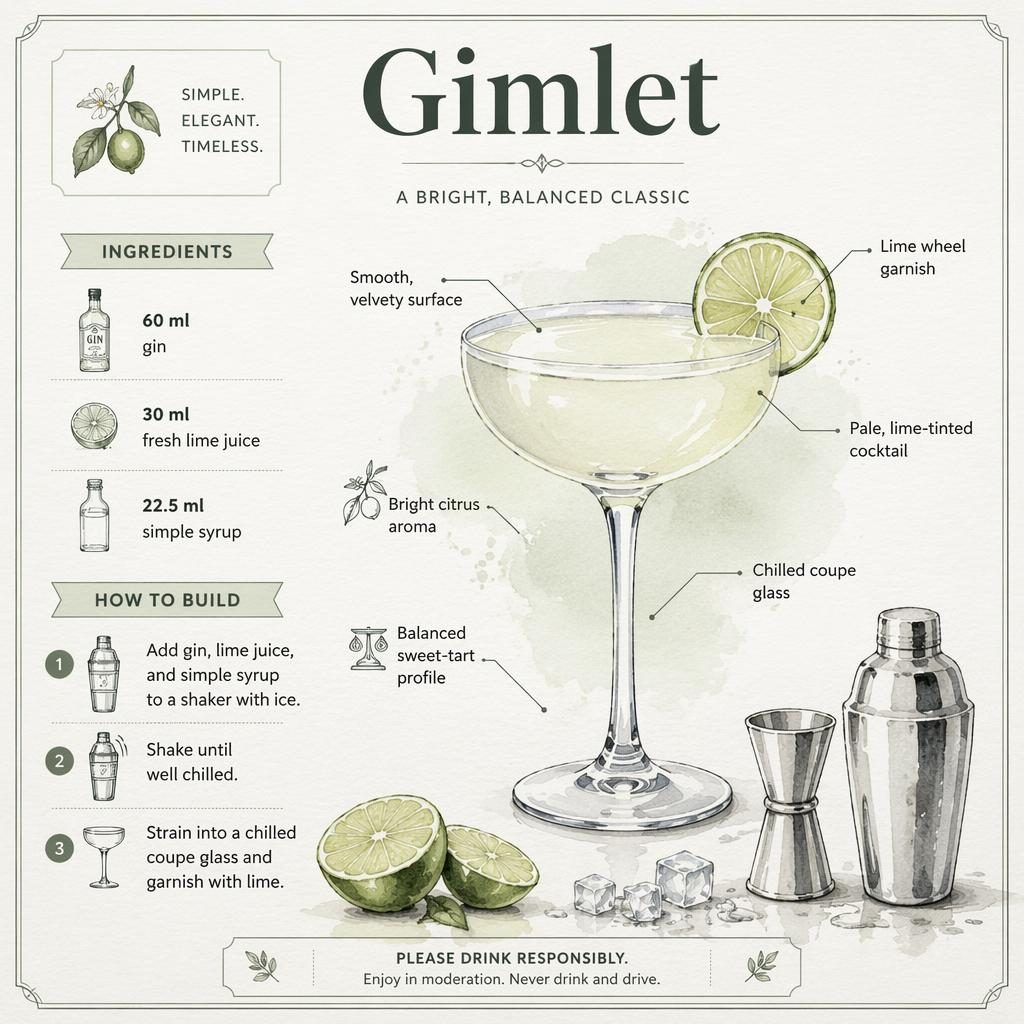 Watercolor Gimlet recipe card with coupe glass, lime garnish, ingredient list, 3 steps, and bar tools in monochrome.