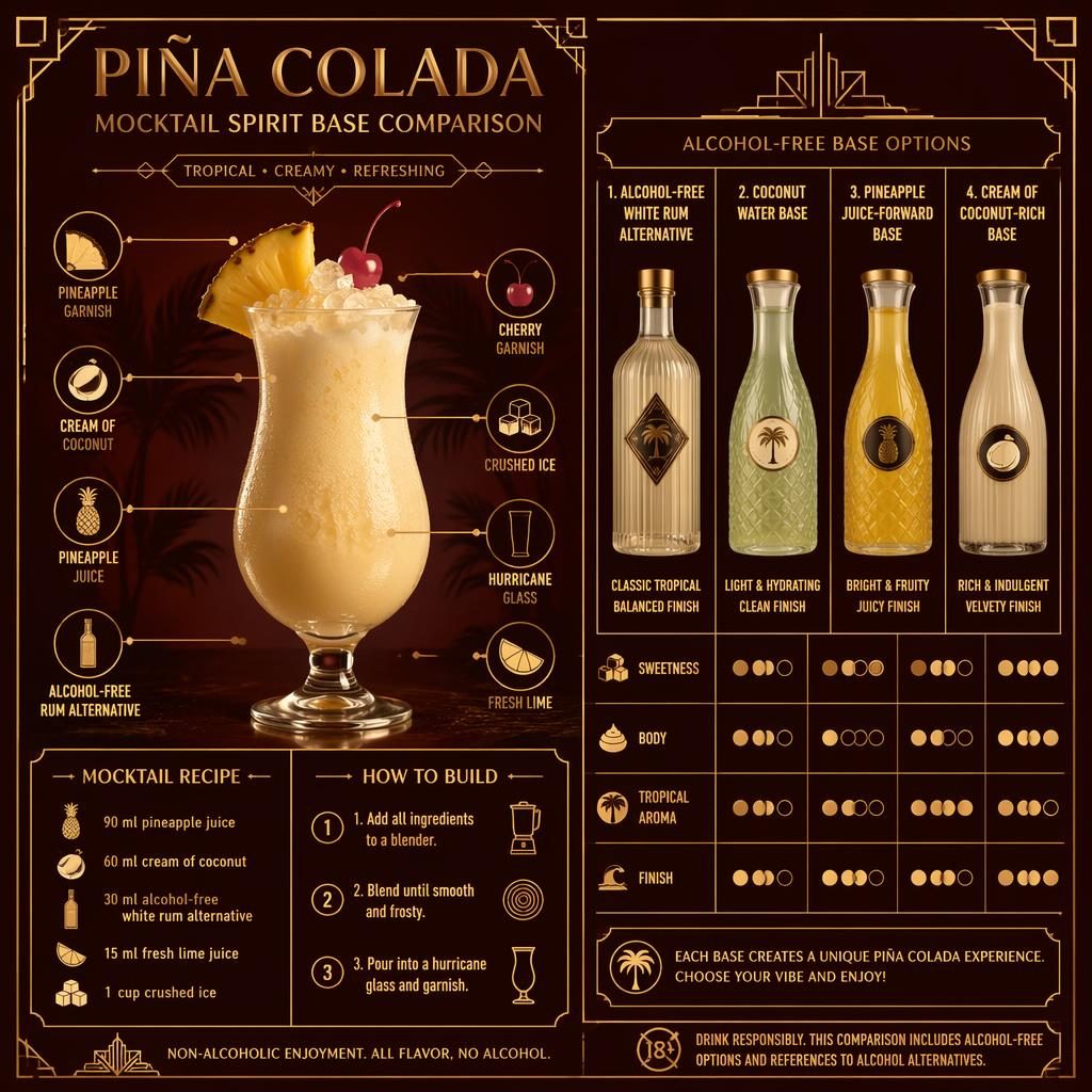 Art-deco Piña Colada mocktail recipe card with hero hurricane glass, gold callouts, ingredient list, and base comparison panel.