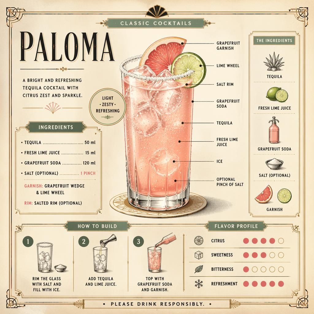 Vintage-style Paloma cocktail recipe card with highball glass, grapefruit wedge, lime wheel, salted rim, callouts and steps.